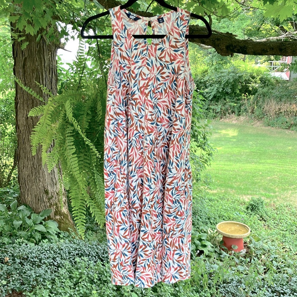 Lands’ End 100% Linen Sundress Rust Teal Pink Leaf Print Size Medium NWOT
